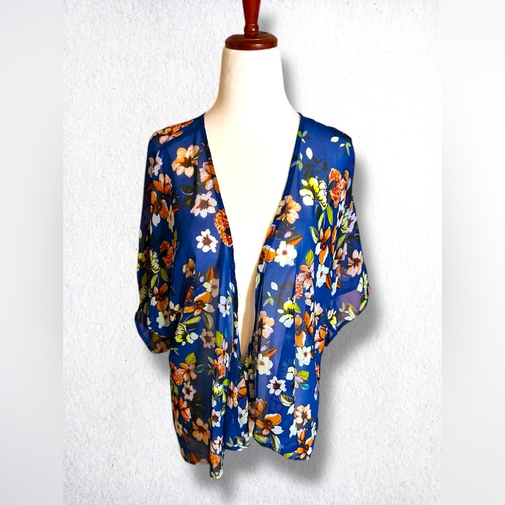 High Low Blue & Orange Floral Kimono Wrap / Cape / Shawl | Sz:S by- Liberty Love